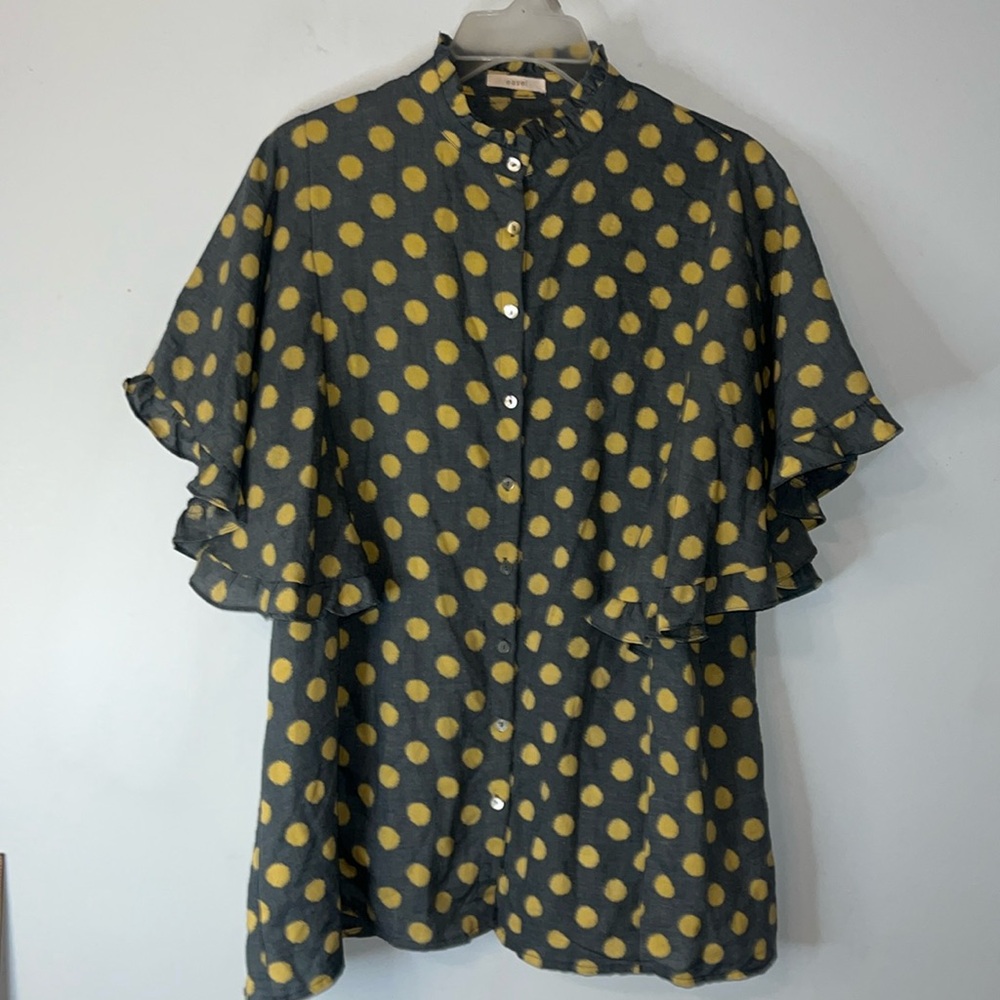Easel Blouse Oversized Size Small Polkadots Gray Yellow Statement Sleeve Poplin